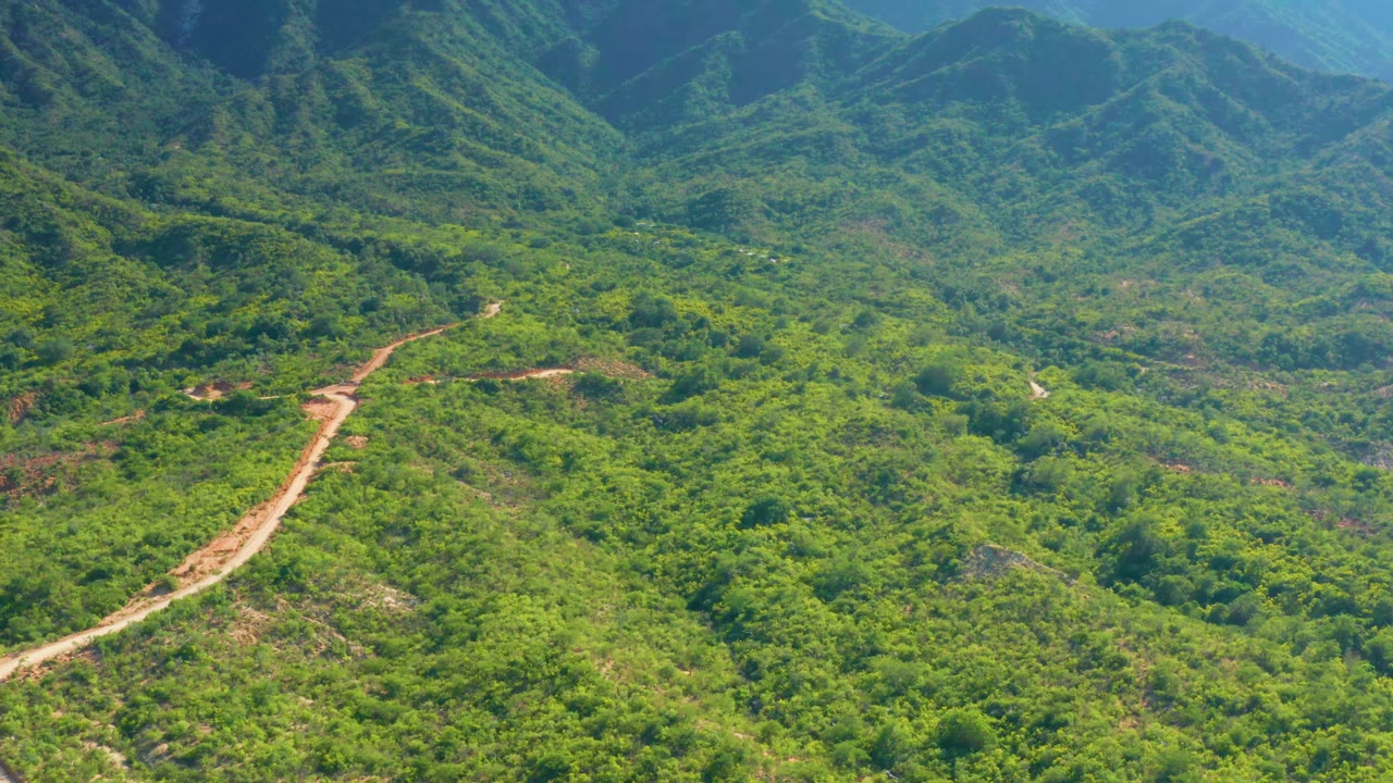 Aerial frame from La Palma, Baja California Sur, with the winding road more centered in the lower half, dense green hills across the midground, distant mountains, and no visible people.