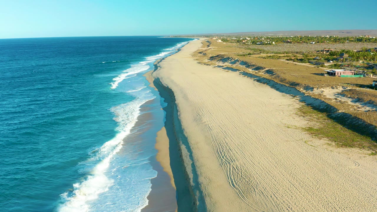 Foamy surf runs along an empty beach with dunes and vegetation inland.