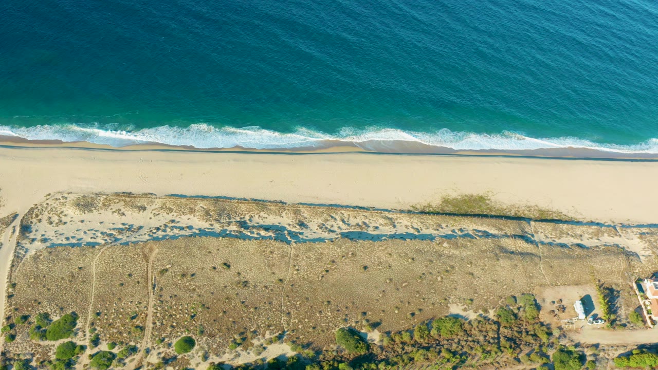 Aerial frame over Todos Santos showing the wave break slightly farther along the shore, with pale beach, dune tracks, scrub vegetation, and no visible people.