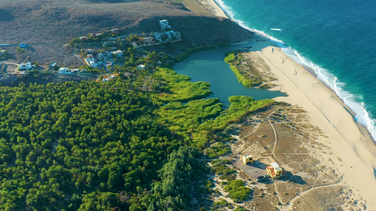 High aerial frame in Todos Santos showing turquoise ocean waves meeting a long sandy beach, a green lagoon set behind dunes, thick foreground forest, hillside buildings, and no visible people.
