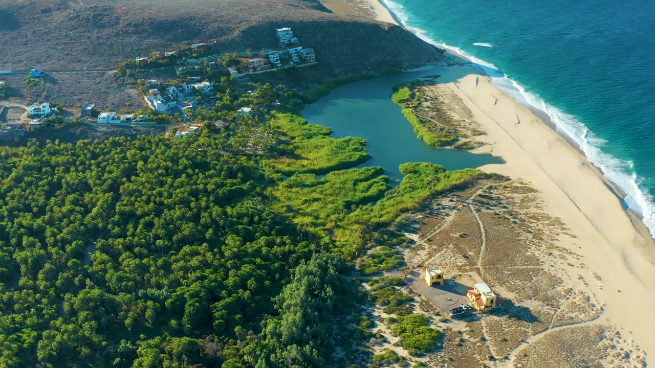 Aerial coastal frame over Todos Santos with the forest canopy filling the lower left, the lagoon centered behind the sand, white surf reaching the shoreline, hillside buildings in the upper left, and no visible people.