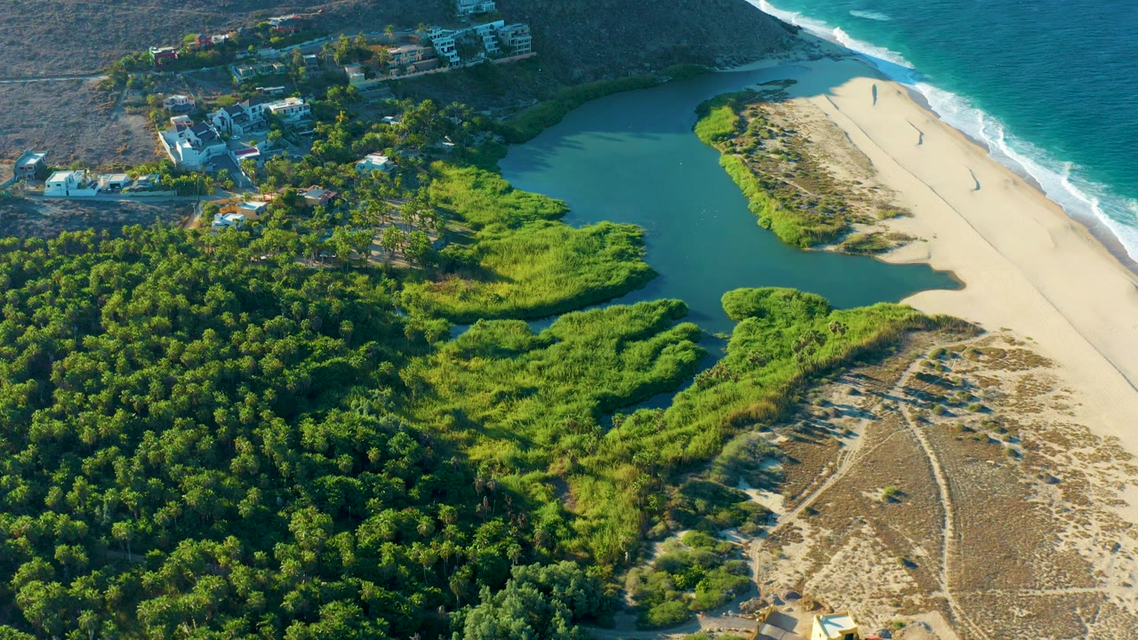 Aerial frame over Todos Santos, Baja California Sur showing a green coastal lagoon beside a pale sandy beach, ocean surf at right, dense trees below, hillside buildings above, and no visible people.