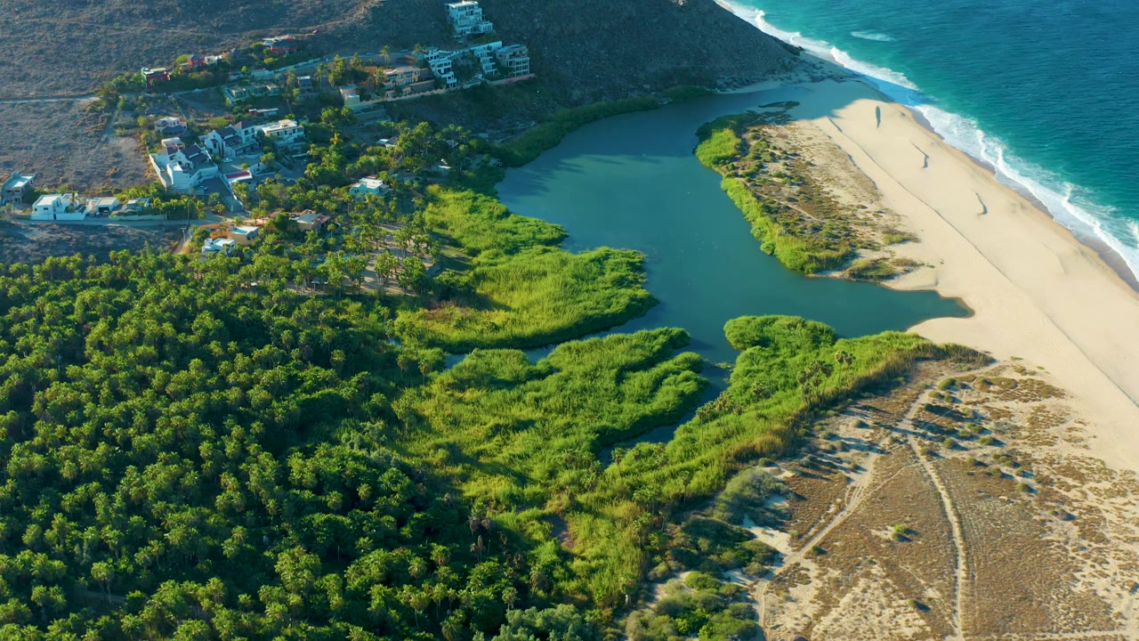 Todos Santos aerial frame with more ocean visible along the right edge, the lagoon set behind the sandbar, dense green trees in the lower half, hillside buildings above the water, and no visible people.