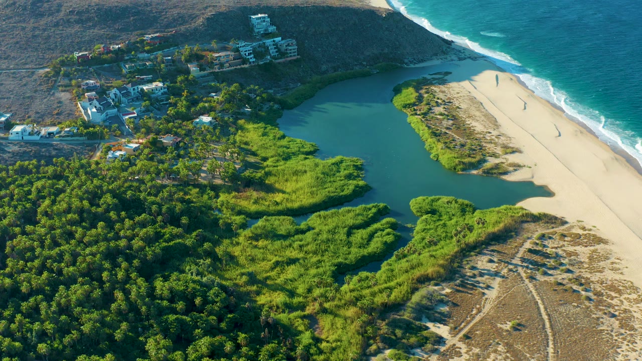 Coastal lagoon and beach with dense greenery and hillside homes