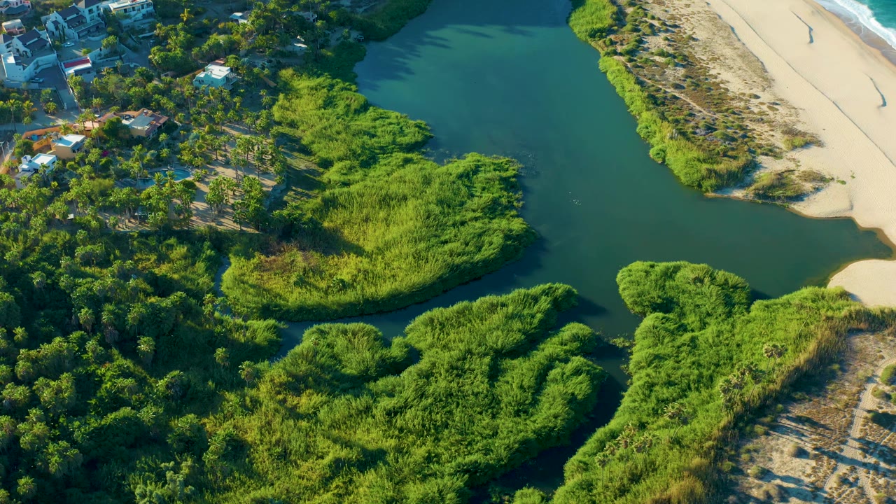 Todos Santos aerial view showing dark teal estuary water bending around bright green mangroves, beach sand and surf at the top right, houses at the top left, and no visible people.
