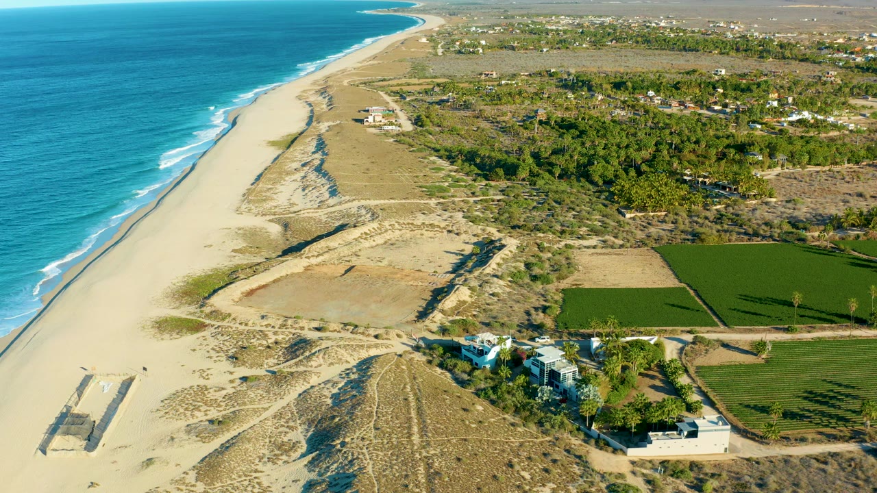 High aerial view of ocean, empty beach, dunes, fields, trees, and a coastal house build.