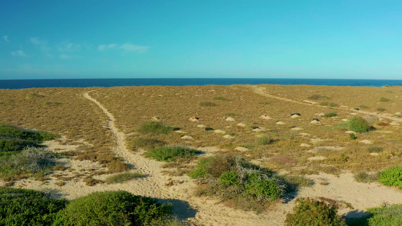 One second into the Todos Santos clip, the sandy track curves through low vegetation toward a flat blue ocean horizon with no visible people.