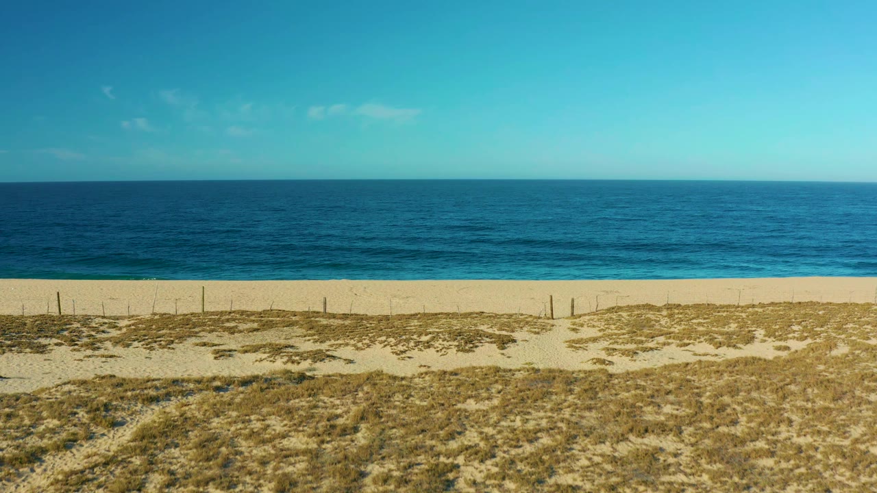 Todos Santos beach view with darker blue water offshore, pale sand below the surf line, scrubby dune grass in front, and no visible people.