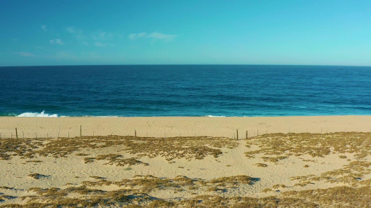 Todos Santos coastal frame with a small white wave breaking near the left side, open blue water beyond, sandy beach below, dune grass in front, and no visible people.