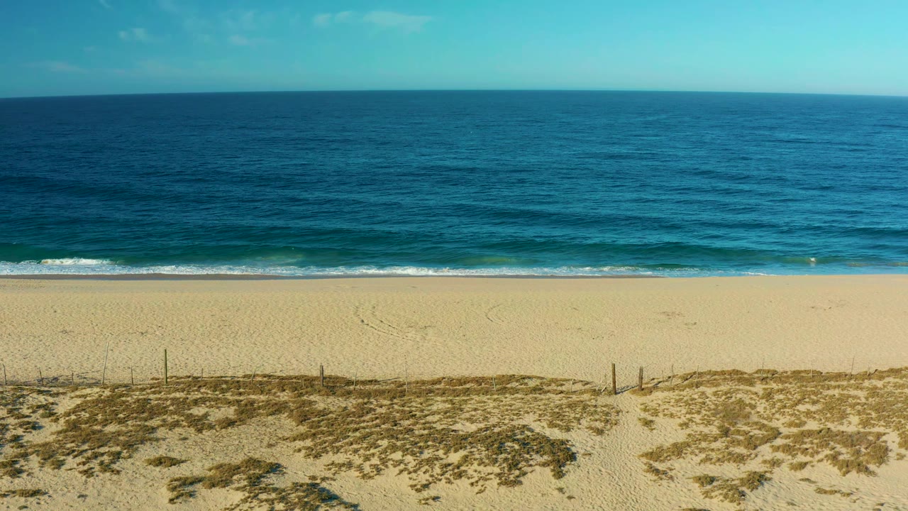 Aerial view of the Todos Santos shoreline with a thin white surf line, open pale beach, dune vegetation at the bottom, and no visible people.