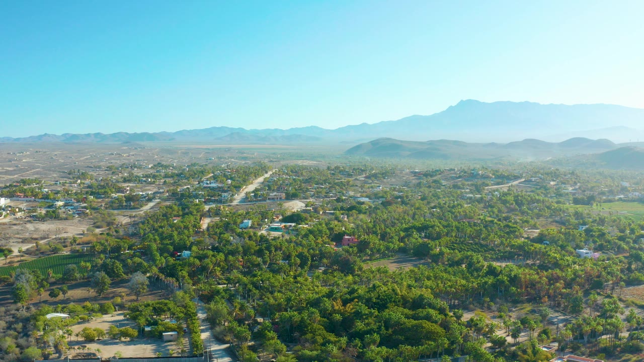 Wide aerial frame over Todos Santos, Baja California Sur, showing dense green trees, pale roads, scattered buildings, hazy mountains, clear blue sky, and no visible people.