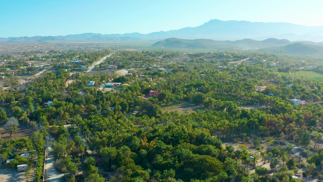Residential area seen from above with trees, roads, fields, and mountains.