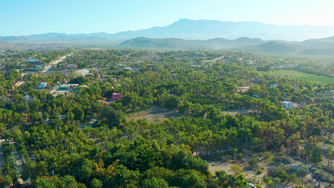 Aerial landscape over Todos Santos, Baja California Sur, with thick vegetation in the foreground, scattered residential buildings, open land to the right, layered hills and mountains, and no visible people.