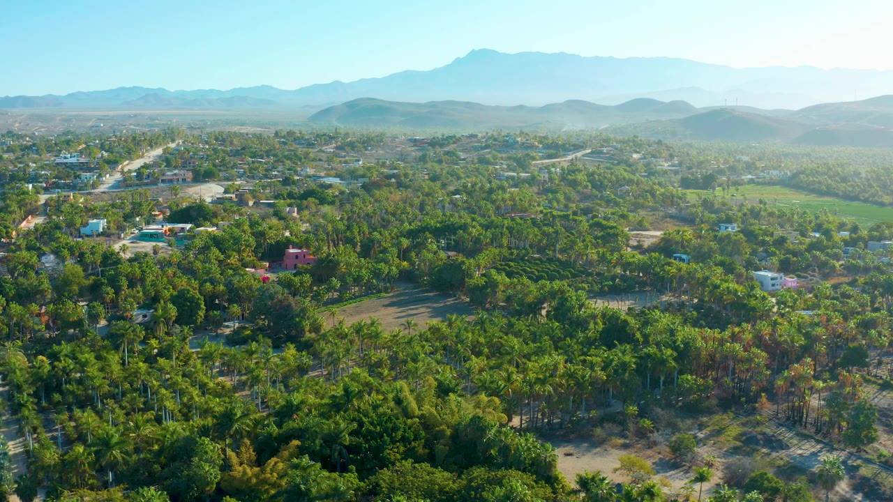 Wide aerial view of a green suburban area with houses, roads, and hazy mountains.