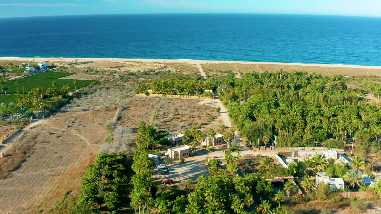 Aerial frame over Todos Santos, Baja California Sur showing dry fields, dense green trees, small buildings, a sandy beach, and blue ocean with no visible people.