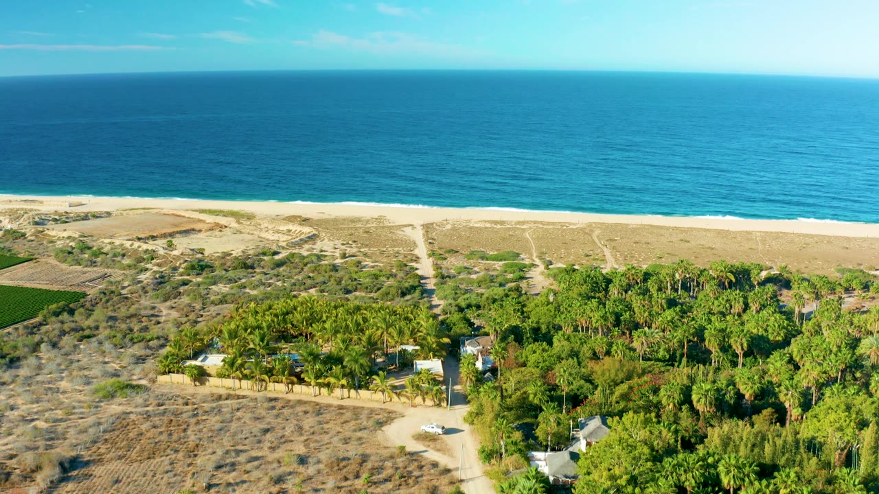Aerial frame over Todos Santos, Mexico, with the ocean filling the upper half, beach and dry scrub below it, green trees at the lower edge, dirt roads, small structures, and no visible people.