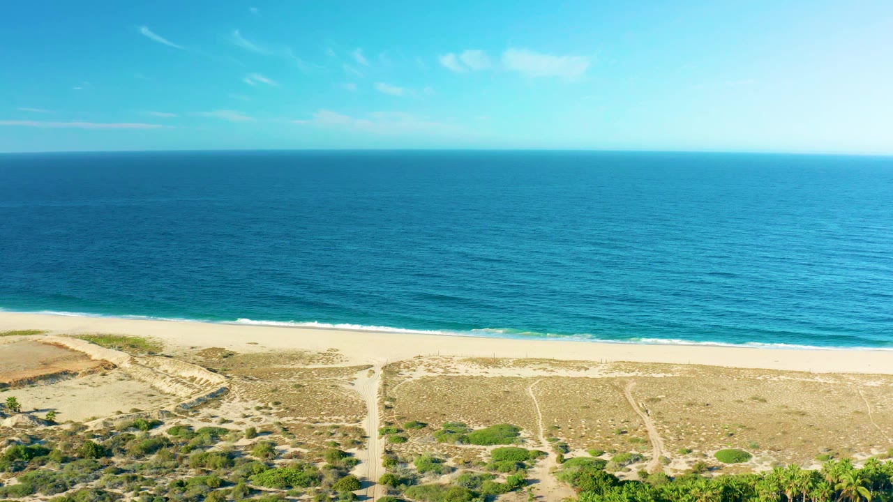 Aerial view in Todos Santos with a straight ocean horizon, thin white surf line, pale sand, low dunes, scattered shrubs, and no visible people.