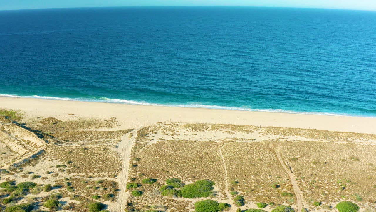 Aerial view of the Todos Santos coast with deep blue ocean across the top, a bright sandy beach through the middle, and dry dune vegetation at the bottom, with no visible people.