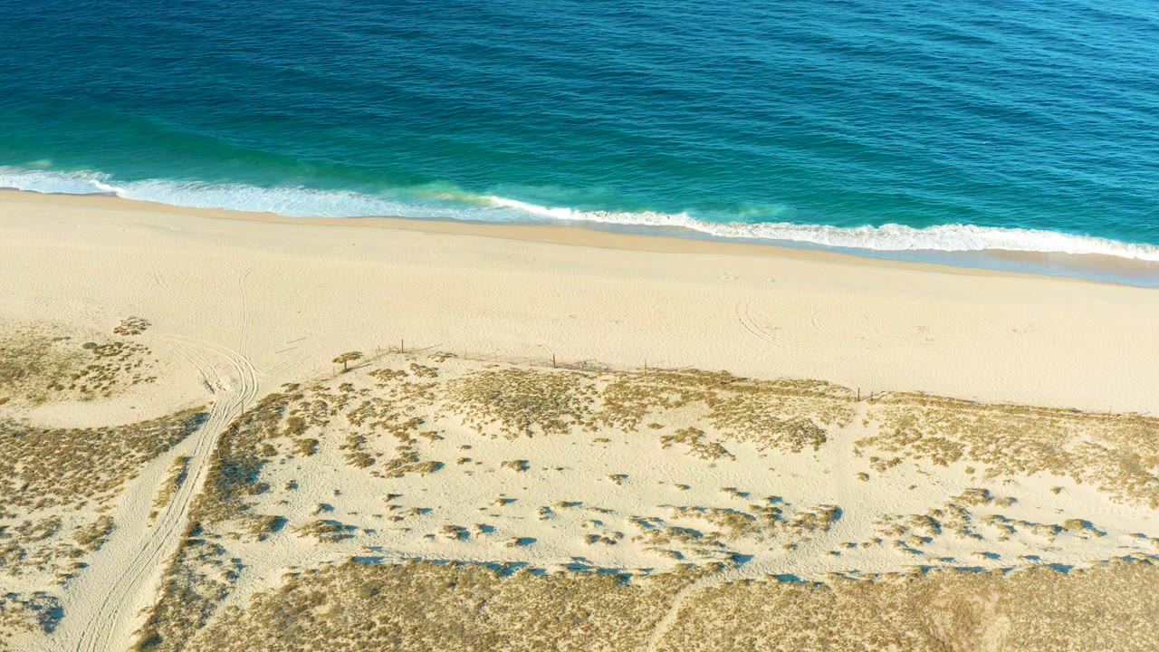 Aerial view of Todos Santos with a small breaking wave near the left edge, smooth pale beach, dune grass, sand tracks, and no visible people.