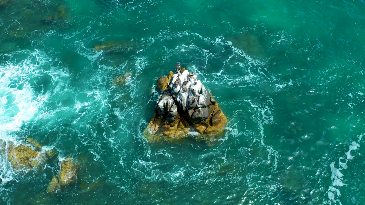 Top-down drone view of a bird-covered rocky formation in the Pacific near Marquis Los Cabos, Mexico, with turquoise water and active white spray visible on all sides; no people visible.