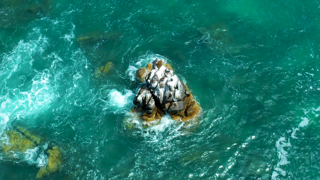 Aerial view at Marquis Los Cabos, Mexico with seabirds on the right-side rock and a burst of white surf breaking along its edge, with no visible people.
