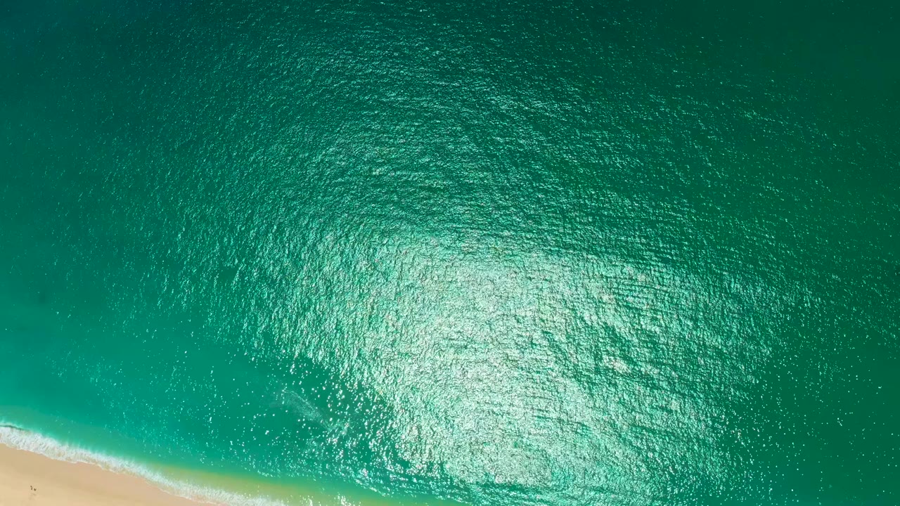 Sunlit turquoise water beside a pale beach.