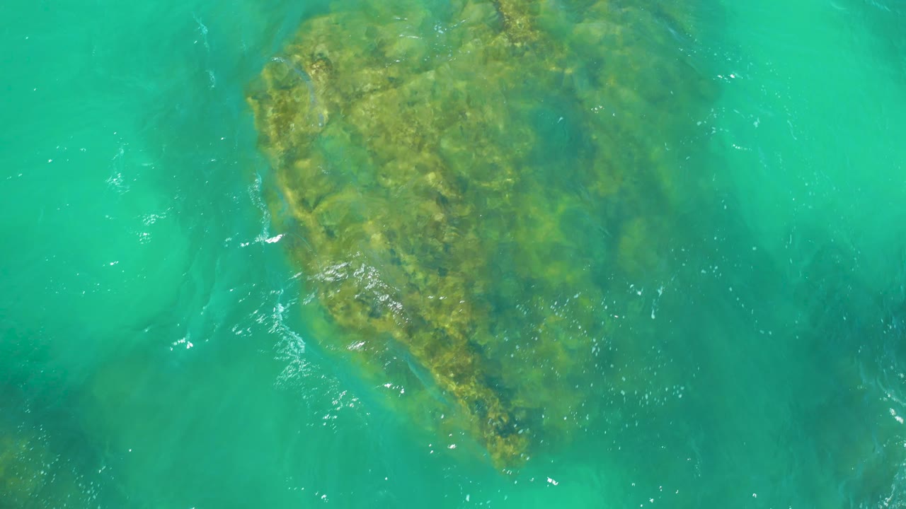 Large algae-covered rock beneath turquoise ocean water