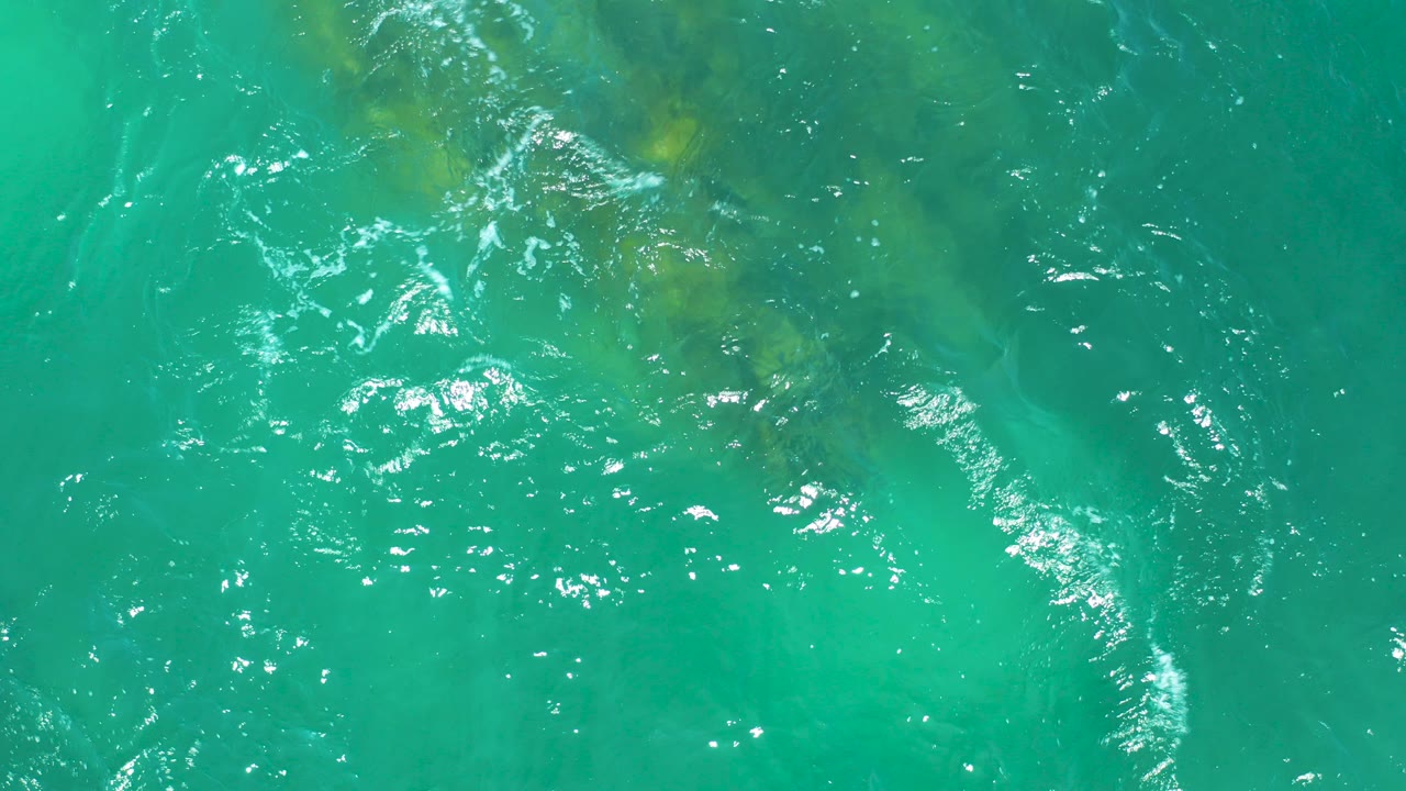 Overhead view of clear turquoise water at Dreams Los Cabos with faint brown-green kelp under the surface and no visible people.