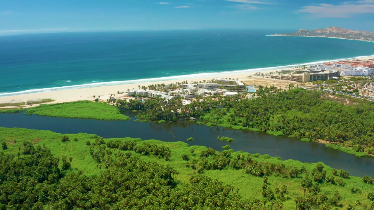 A high aerial frame over San Jose del Cabo with dense trees and lagoon water in the foreground, a pale beach strip, turquoise ocean, a cluster of buildings, distant land offshore, and no visible people.