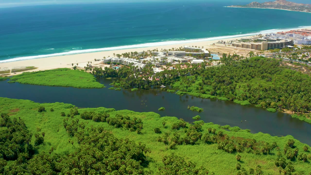 Aerial frame over San Jose del Cabo with bright green river vegetation in the foreground, low coastal structures near the sand, blue ocean beyond, and no visible people.