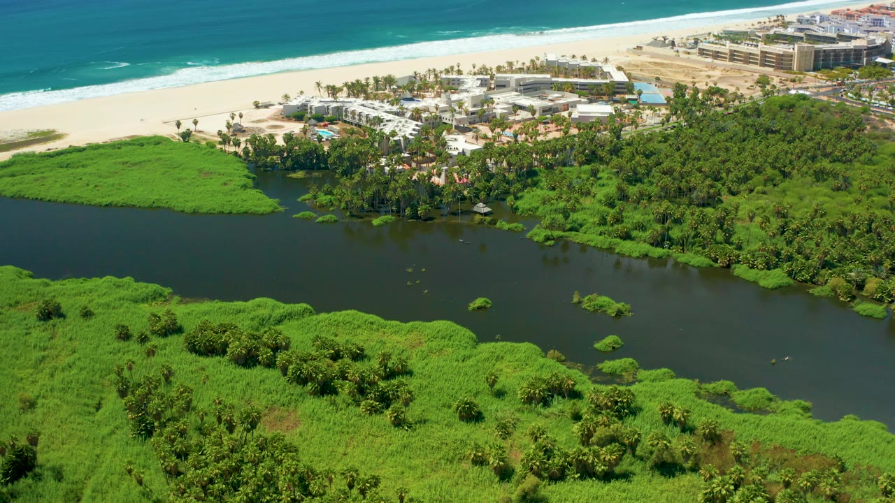 San Jose del Cabo aerial view with green riverbanks and small vegetation patches in the water, beach construction and buildings at the top of frame, white sand, blue ocean, and no visible people.