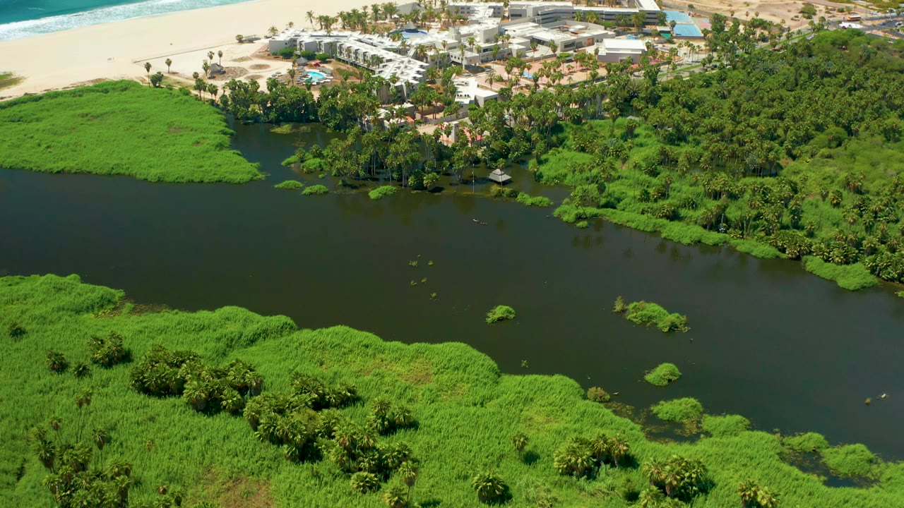 Aerial view in San Jose Del Cabo with calm lagoon water centered between thick mangroves, a sandy beach at upper left, resort buildings beyond, and no visible people.