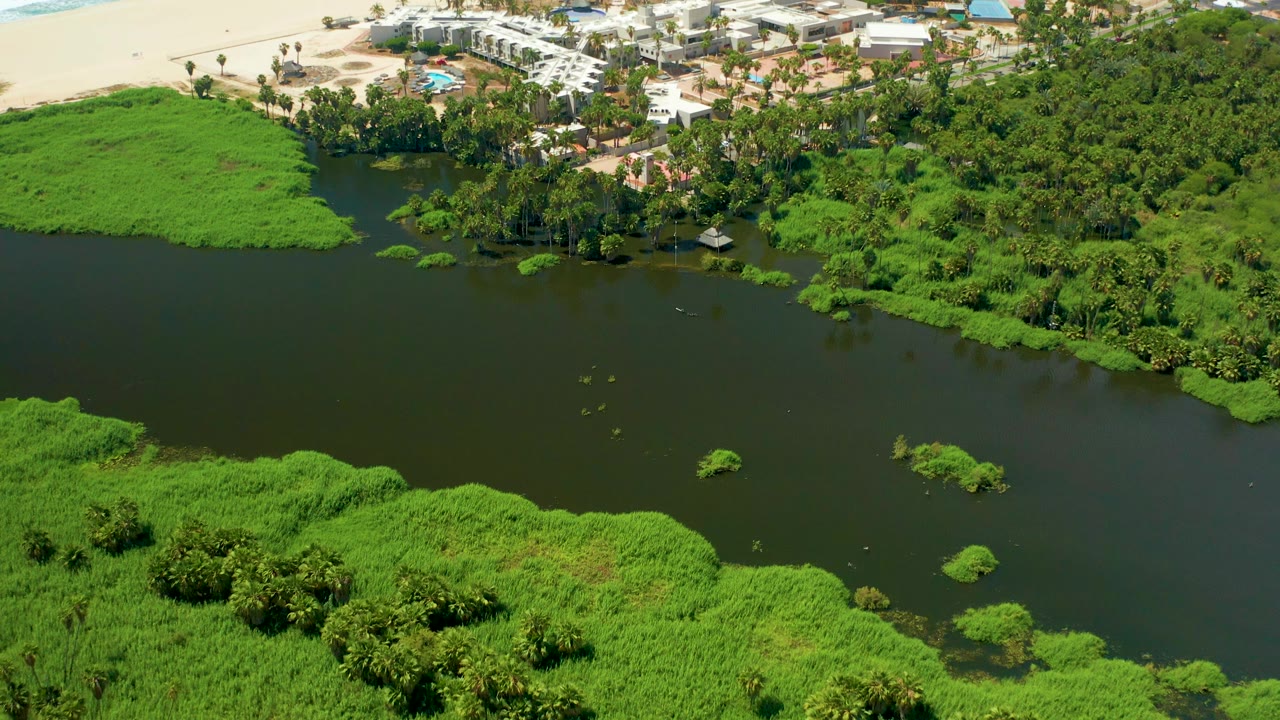 Aerial lagoon scene with mangrove banks and coastal resort buildings