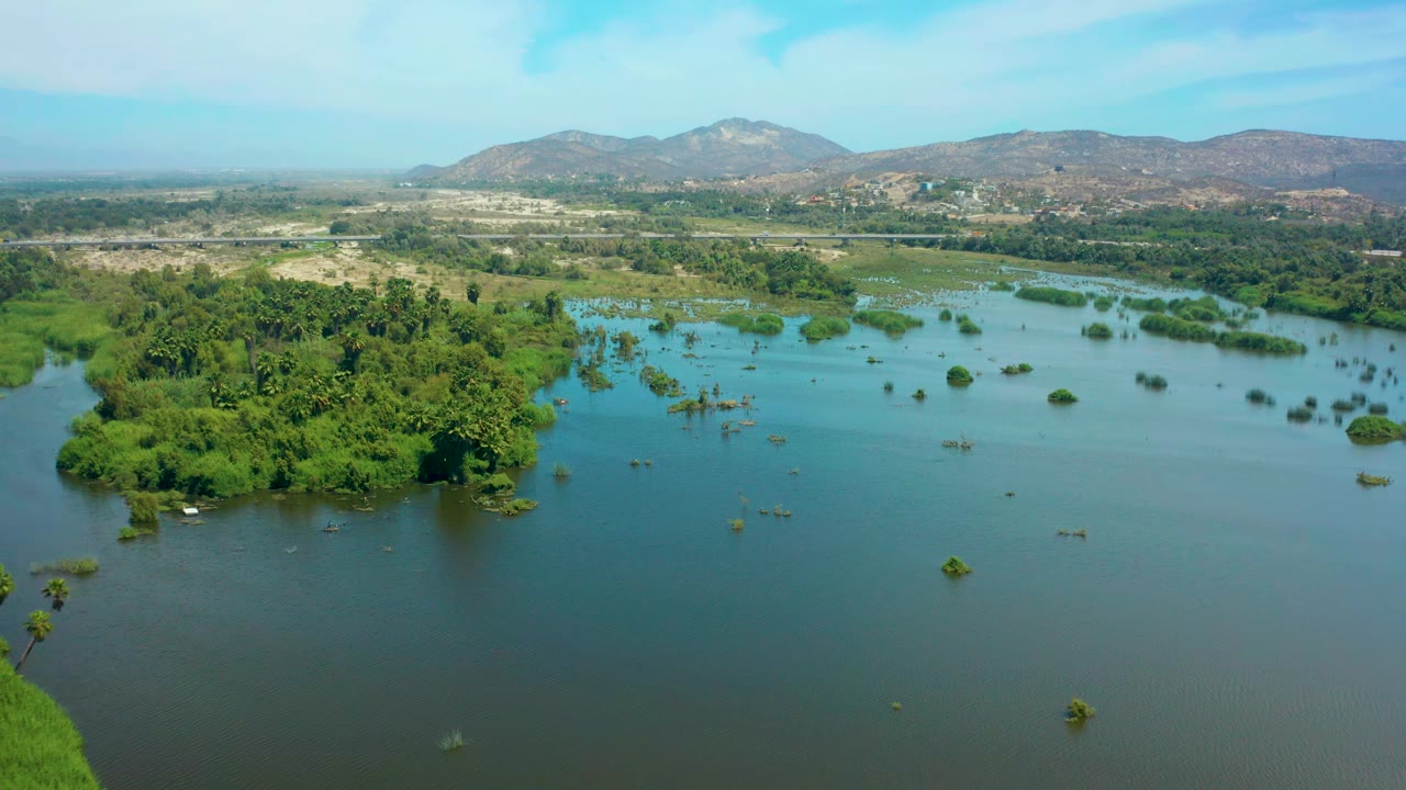 Drone view across calm blue-green water in San Jose del Cabo, Mexico, looking toward clustered forested islands, a pale shoreline band, distant mountains, and no visible people.