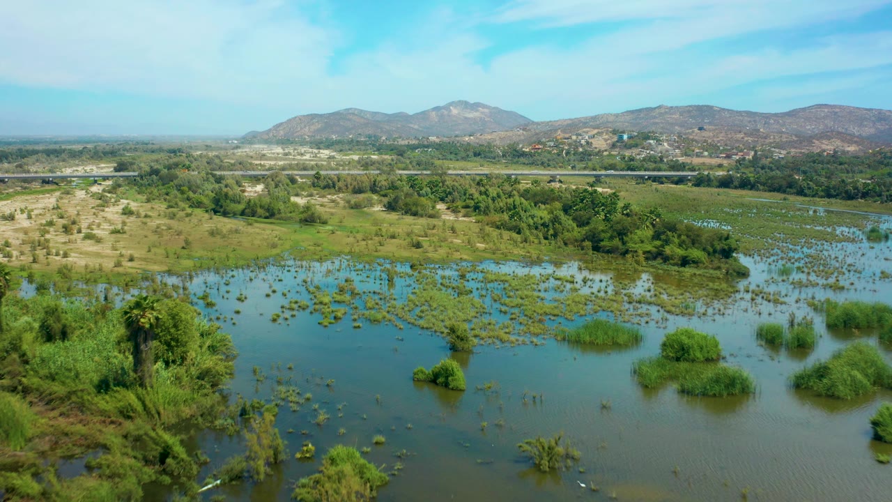 Flooded wetland edge with trees, open water, highway, and hills in background.