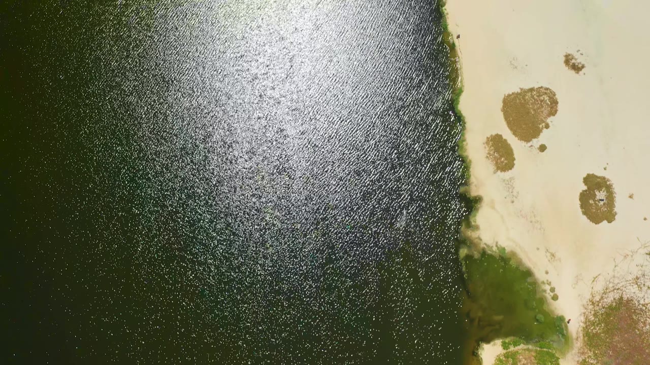 Overhead view in San Jose Del Cabo of dark green water beside pale sand, with a bright patch of sun reflection on the water and no visible people.