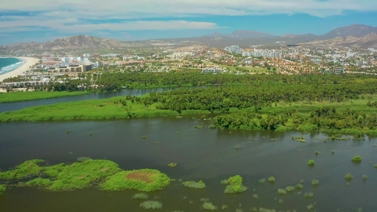 Aerial view in San Jose del Cabo with the river spread across the lower frame, bright green wetland patches, clustered coastal buildings, a strip of beach, distant mountains, and no visible people.
