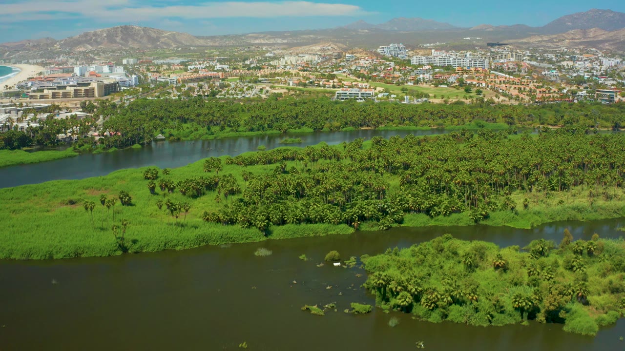 River bends through lush vegetation with urban buildings beyond.