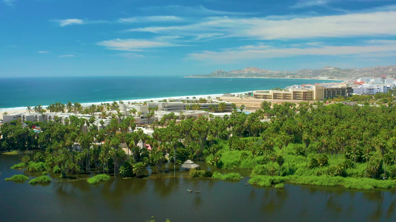 Mid-clip aerial view over San Jose Del Cabo with the lagoon edge and palms in the foreground, bright beach and receding surf line beyond, beachfront buildings to the right, open ocean at left, and no visible people.