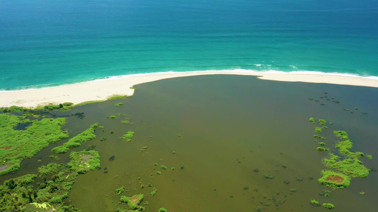 Lagoon shoreline with green vegetation beside a white beach and ocean.