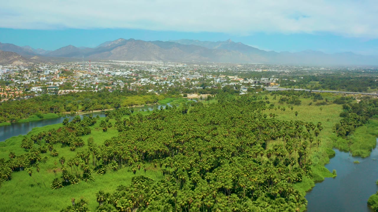 Opening aerial frame over San Jose Del Cabo with a winding river beside dense green palms, a town in the distance, hazy mountains, bright sky, and no visible people.