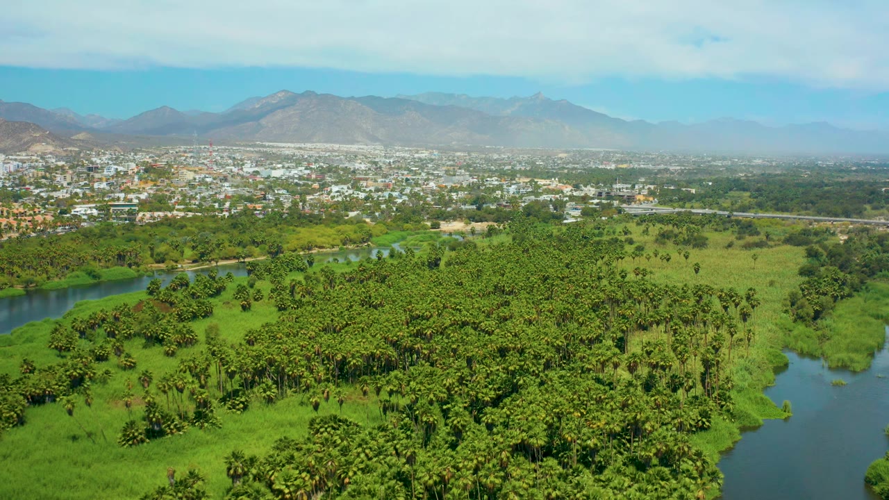 Wide aerial landscape with river bends, palms, town, and mountains.