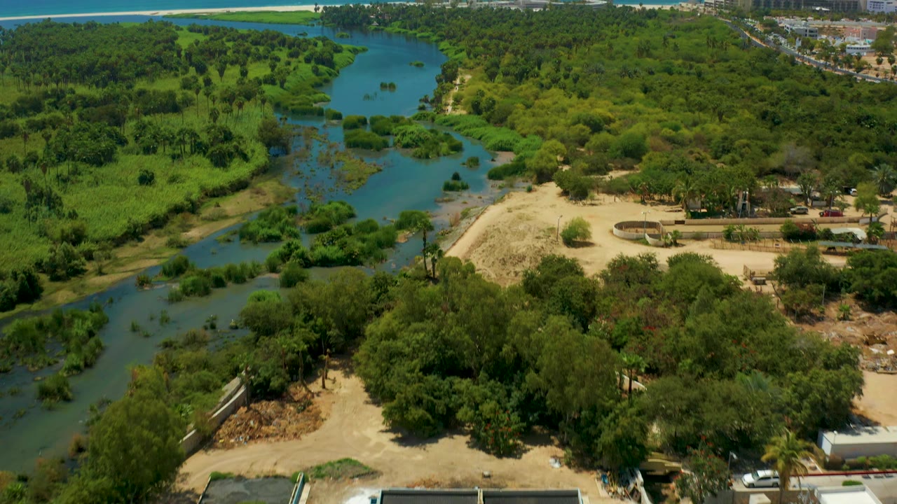 San Jose del Cabo aerial frame showing the river widening through vegetation, sandy terrain beside trees, distant buildings near the coast, and no visible people.