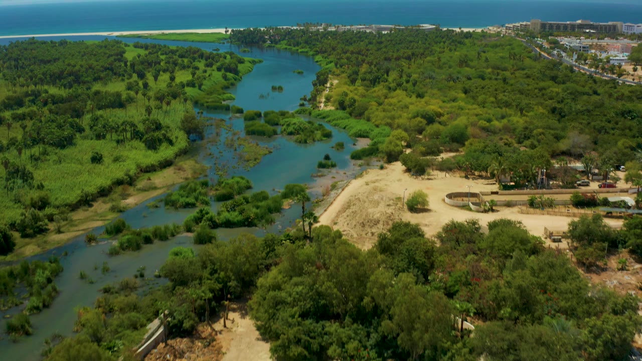 Wide aerial view of river greenery, sandy bank, distant ocean, and coastal buildings.