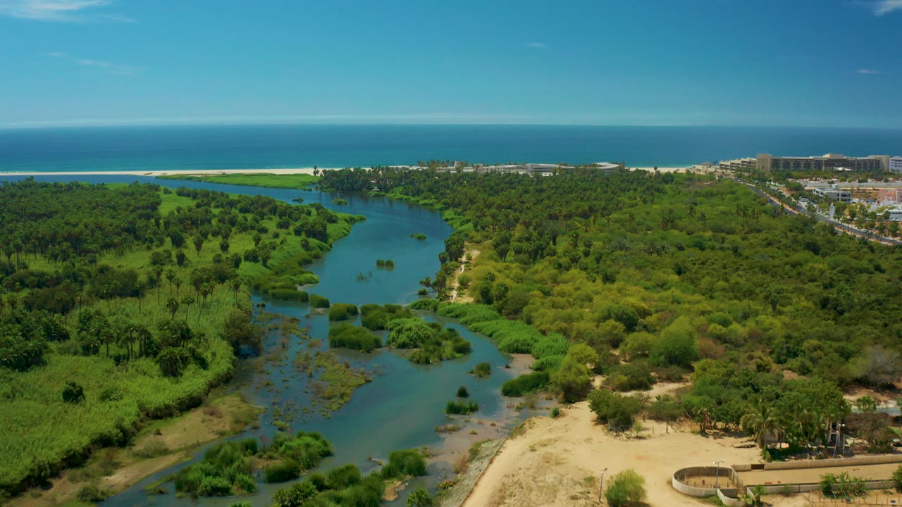 Aerial frame over San Jose Del Cabo wetland with river channels, sandy banks, dense green vegetation, ocean horizon, distant buildings at right, and no visible people.