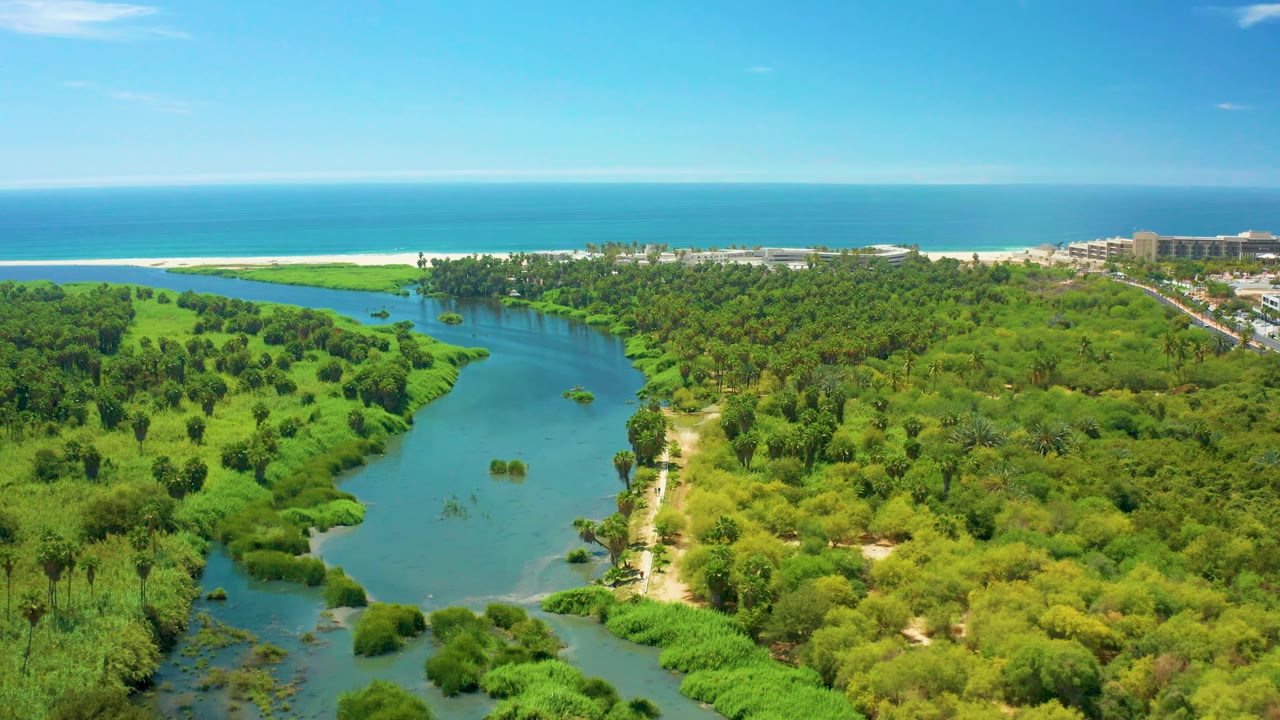 San Jose Del Cabo aerial frame with blue river water, visible river edges, dense green banks, pale sand near the ocean, and no visible people.