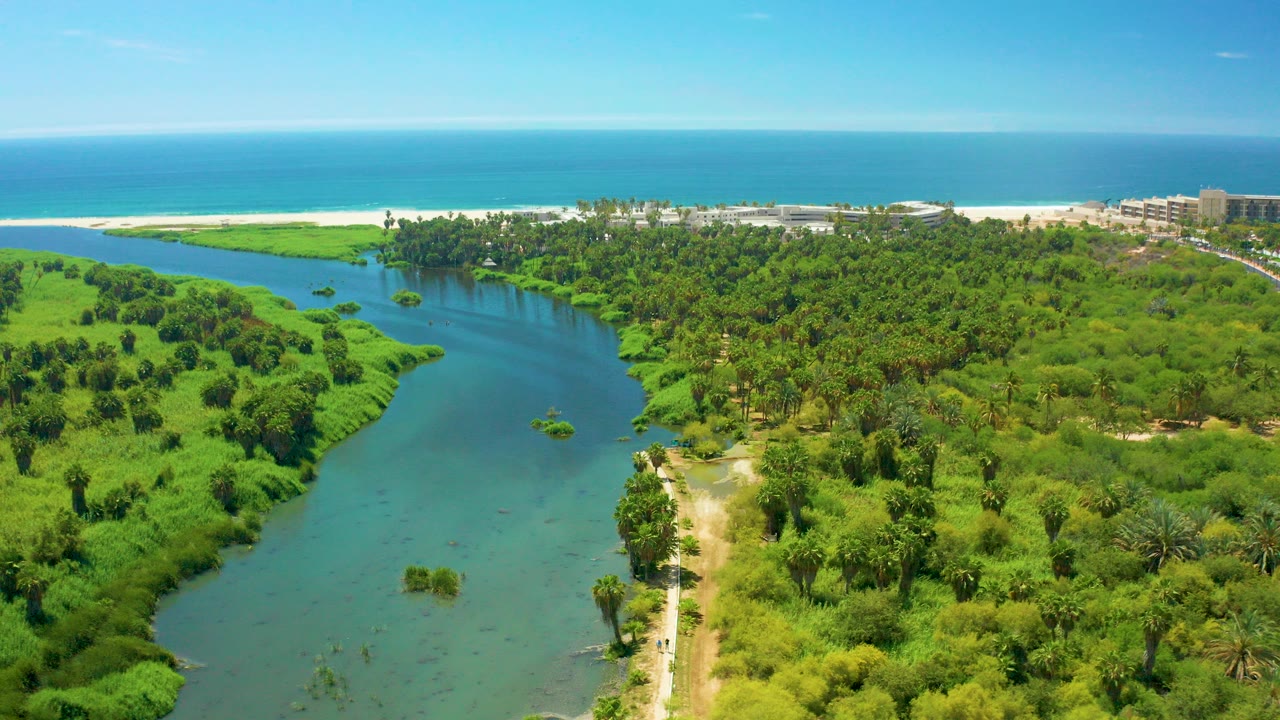 Opening aerial view in San Jose del Cabo, Baja California Sur, showing a blue-green river between dense vegetation, a sandy beach, and blue ocean beyond, with no visible people.