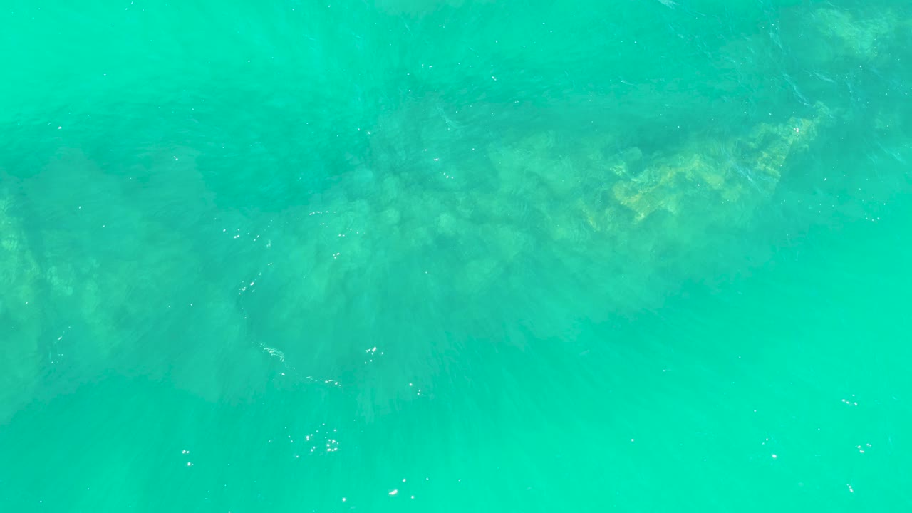 A darker rocky seabed sits under green-blue ocean water at Marquis Los Cabos, with scattered white particles and no visible people.
