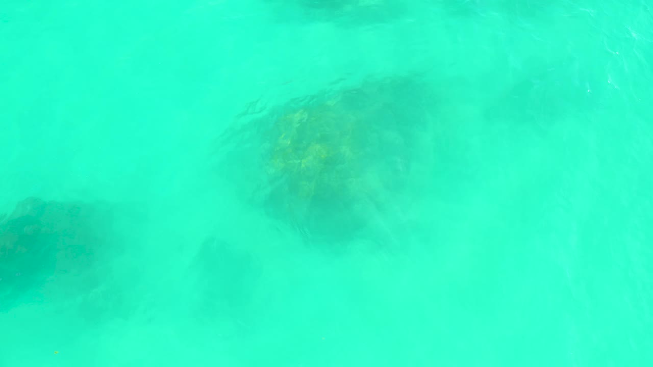 The frame looks down into clear turquoise water at Marquis Los Cabos, with a dark rock shape near the center and fainter underwater forms around it, with no visible people.