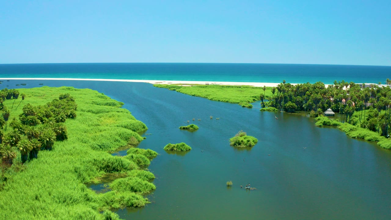 Aerial frame of the San Jose Del Cabo Estuary with a blue-green river between dense marsh banks, a sandy beach and ocean on the horizon, and no visible people.